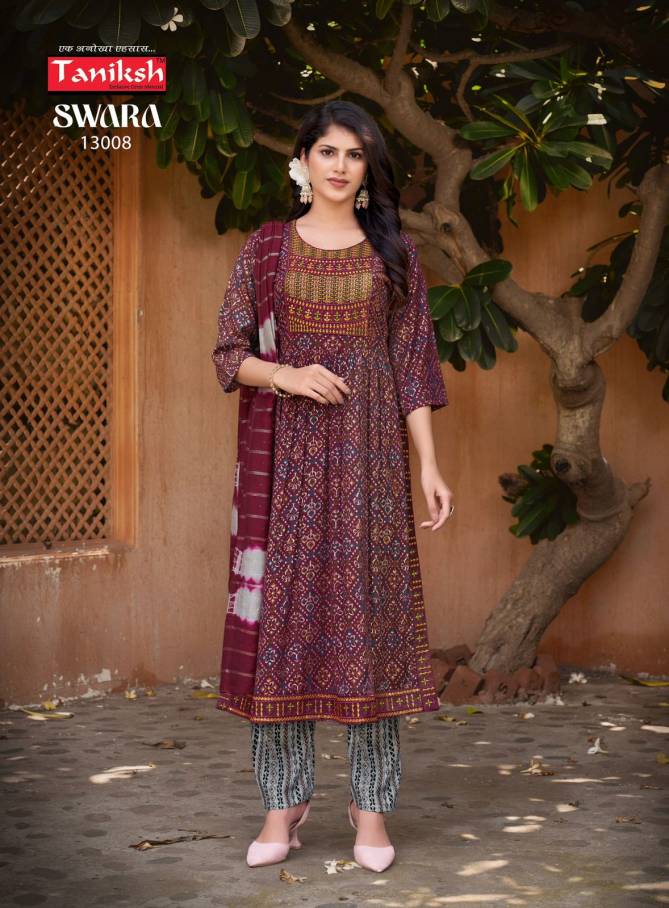 Swara Vol 13 By Taniksh Rayon Printed Embroidery Kurti With Bottom Dupatta Wholesale Online
